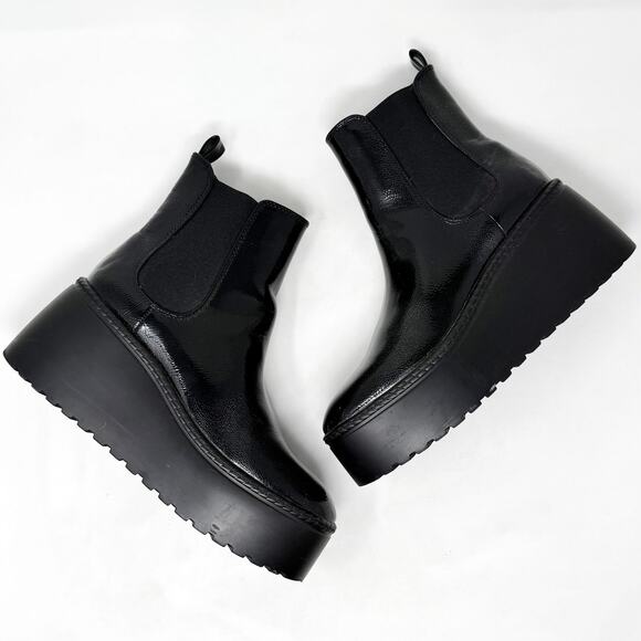 [Nine West] Henrita Black Patent Leather Platform Chelsea Ankle Boots Size 9.5 M - Picture 2 of 12
